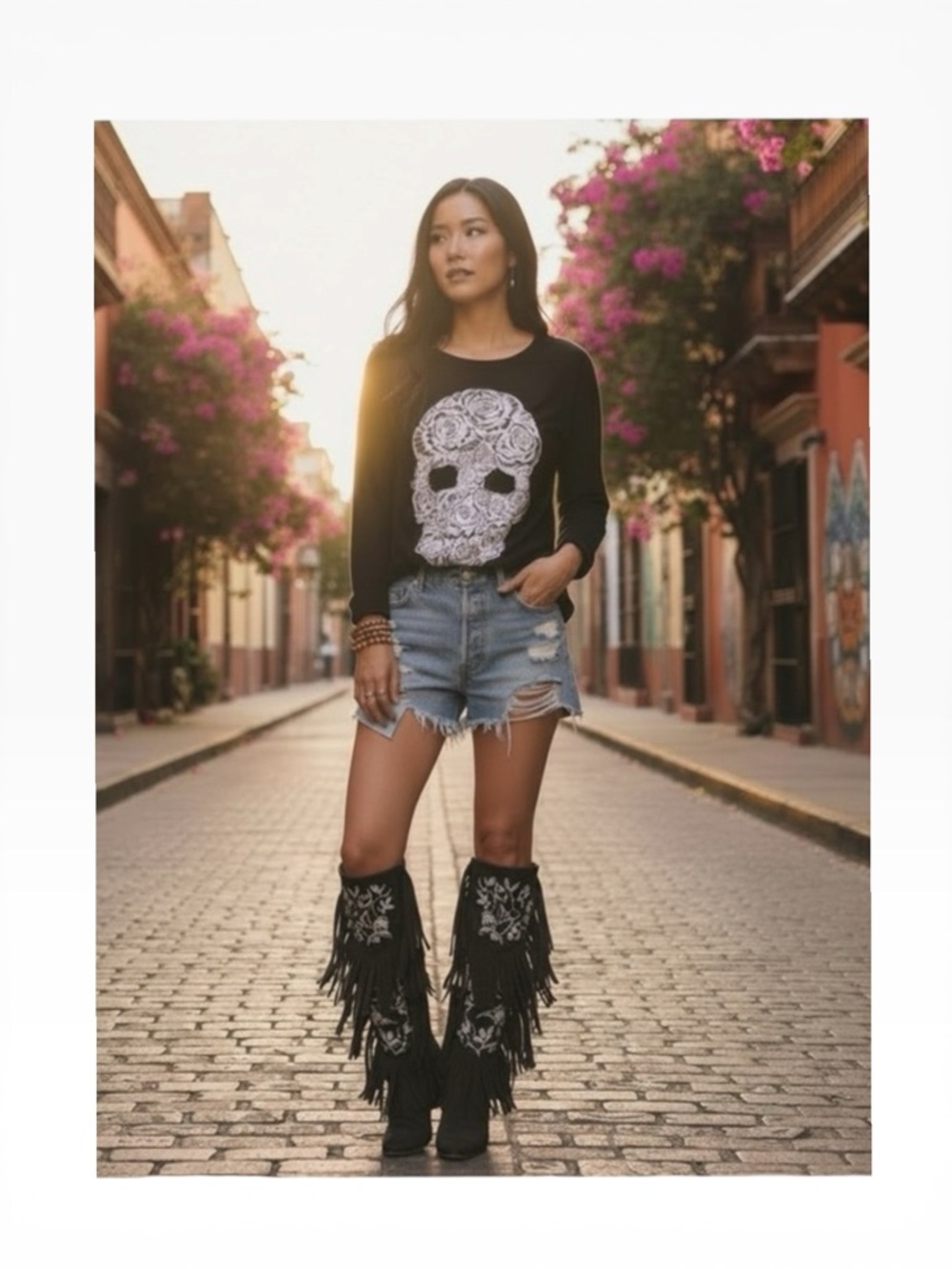 Lauren Moshi ❃ Rose Skull Super Soft Handrawn Graphic Sweatshirt ❃ Black ❃ XS ❃